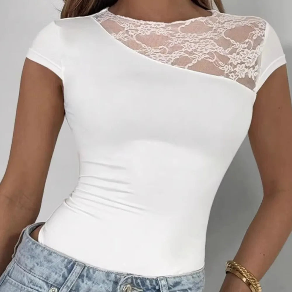 Body de encaje con paneles para mujer – Top de manga corta ajustado con retales
