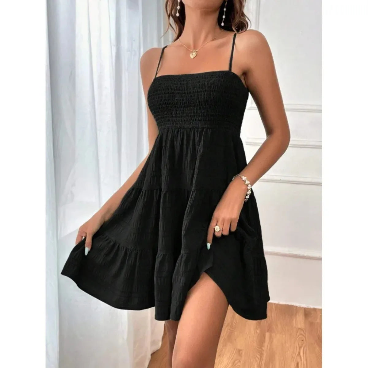 Women's Smocked Bustier Spaghetti Strap Tiered Mini Dress