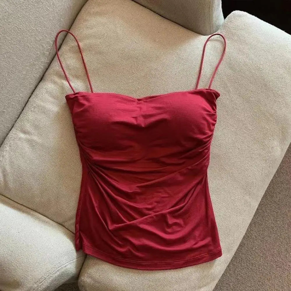 Women's Y2K Spaghetti Strap Cami Top | Built-In Bra Bodycon Sleeveless Crop Top One Size