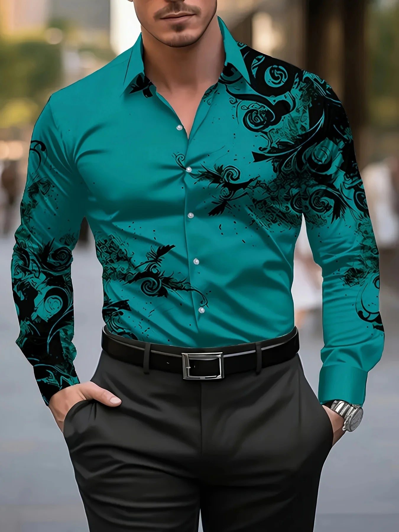 Men's Floral Print Dress Shirt - Long Sleeve Button-Up (S-5XL)