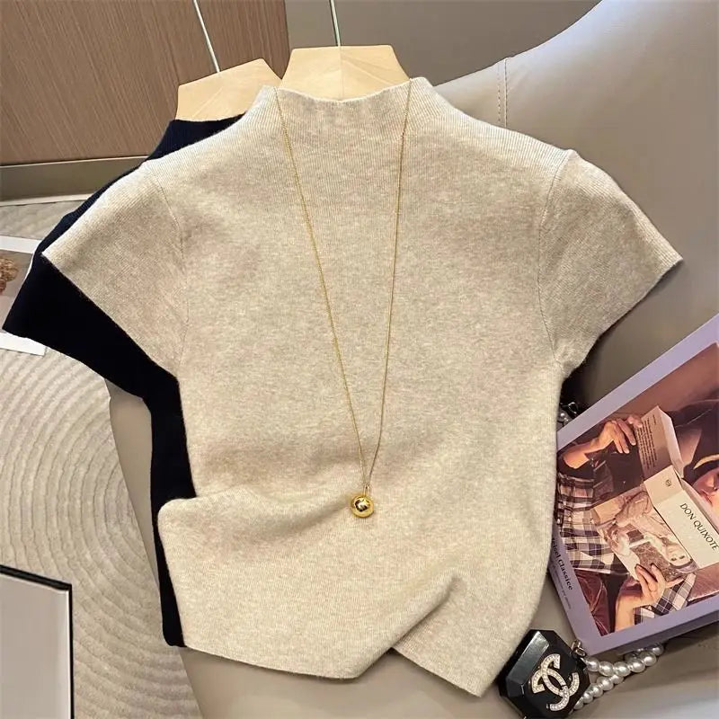 Women's Basic Turtleneck Slim Knit Sweater | Short Sleeve Bodycon Pullover Top One Size