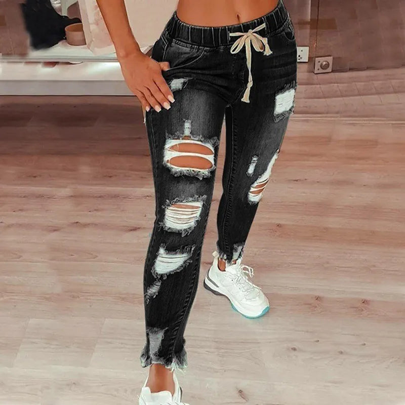 High-Waist Ripped Drawstring Pencil Jeans – 4 Colors