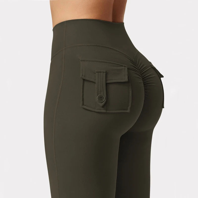 Leggings de yoga de pierna ancha para mujer, nuevos, de alta elasticidad, sensación de desnudez, compresión, ropa de trabajo de fitness con bolsillos, pantalón de yoga