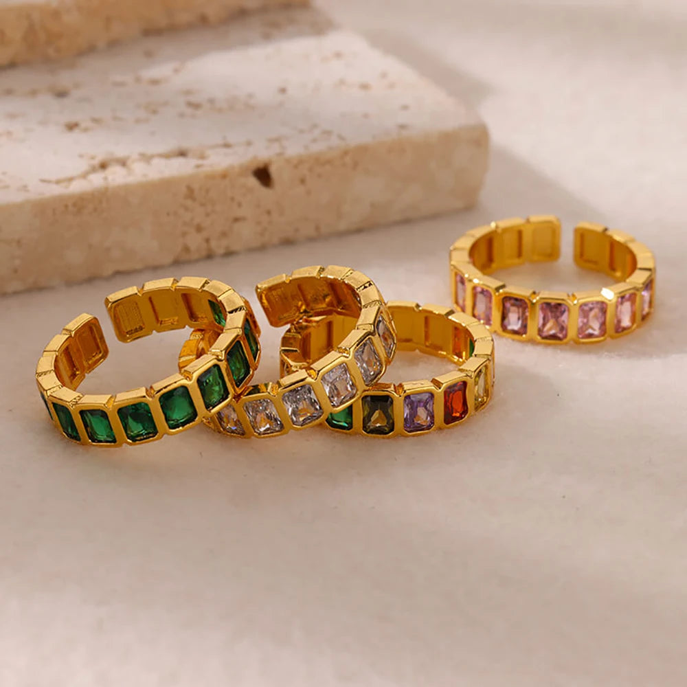 Colorful Cubic Zirconia Open Ring | 18K Gold Plated Stainless Steel | Boho Vintage Style | Women's Gift