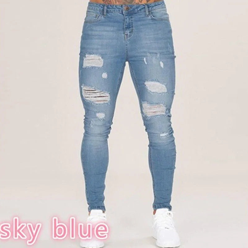 Unisex White Embroidery Ripped Skinny Jeans