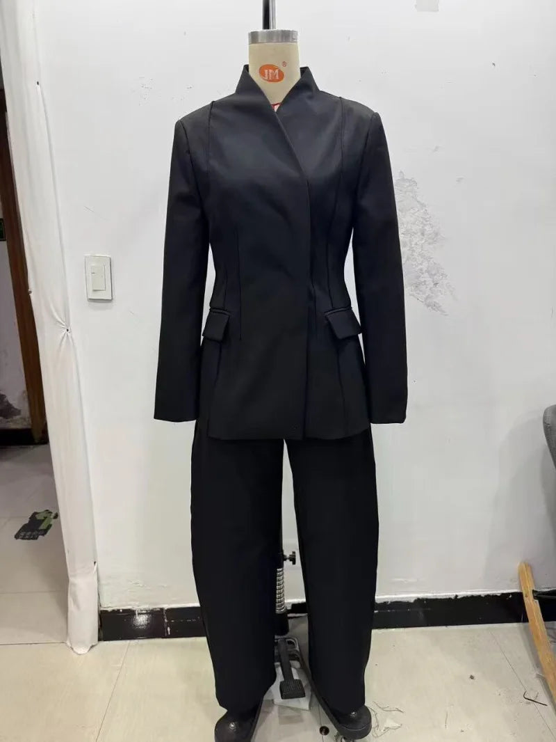 Women's High-Collar Slim Suit Jacket & Trousers Set