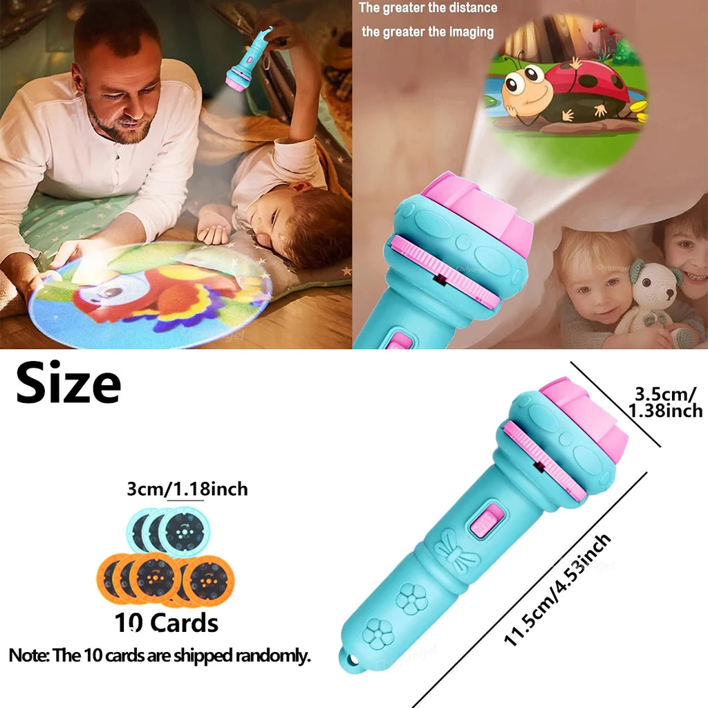Kids Projector Flashlight – 10 Slide Cards, 80 Images, Bedtime Storytelling Toy