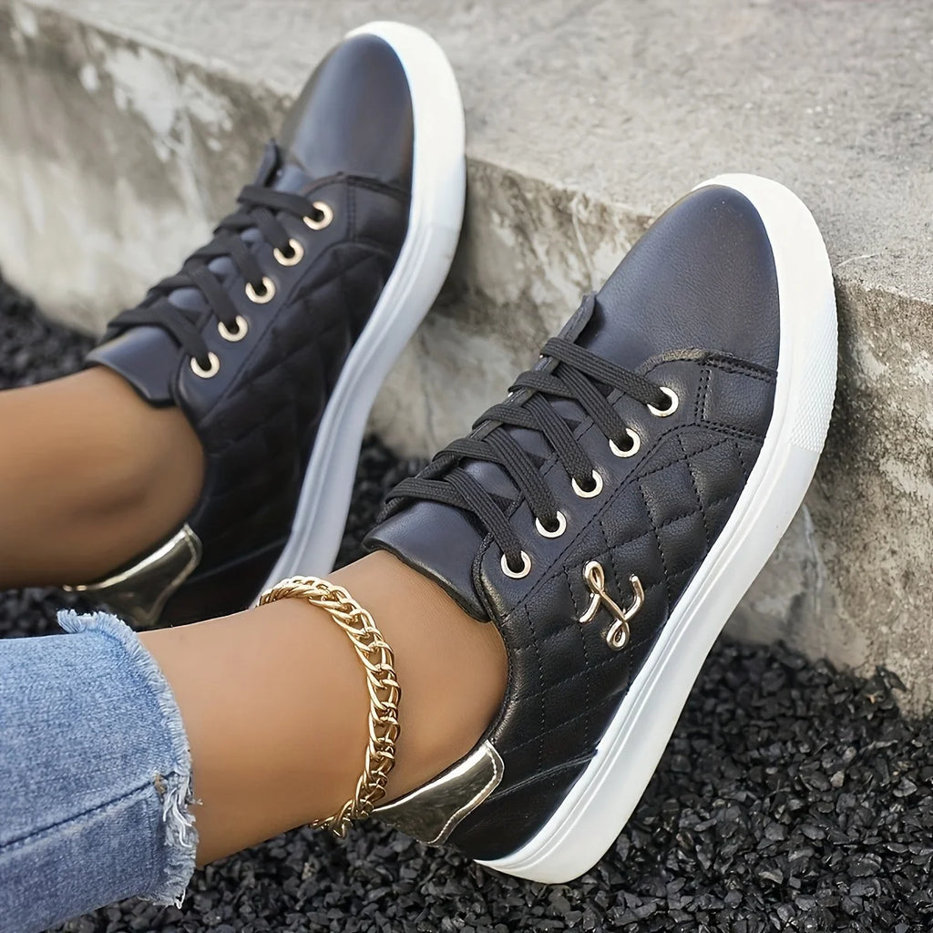 Women's Gold-Embellished Lace-Up Sneakers – Lightweight PU Low-Top Casual Shoes