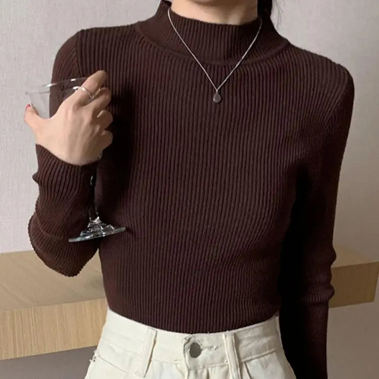 Women's Mock Neck Slim Knit Pullover | Vintage Basic Solid Sweater 11 Colors One Size