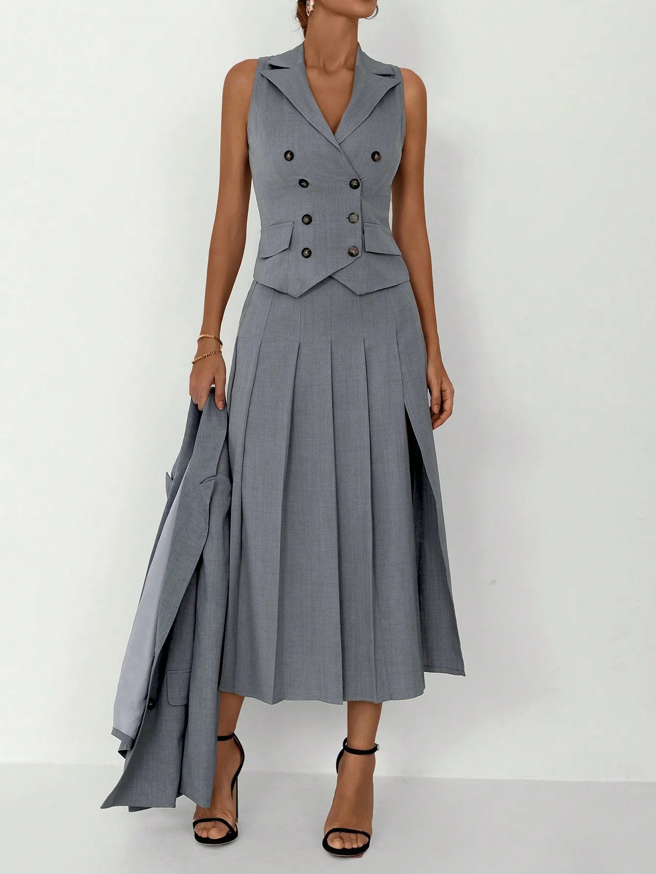 Women's 3-Piece Elegant Business Suit Set – Blazer, Vest & Pleated Midi Skirt