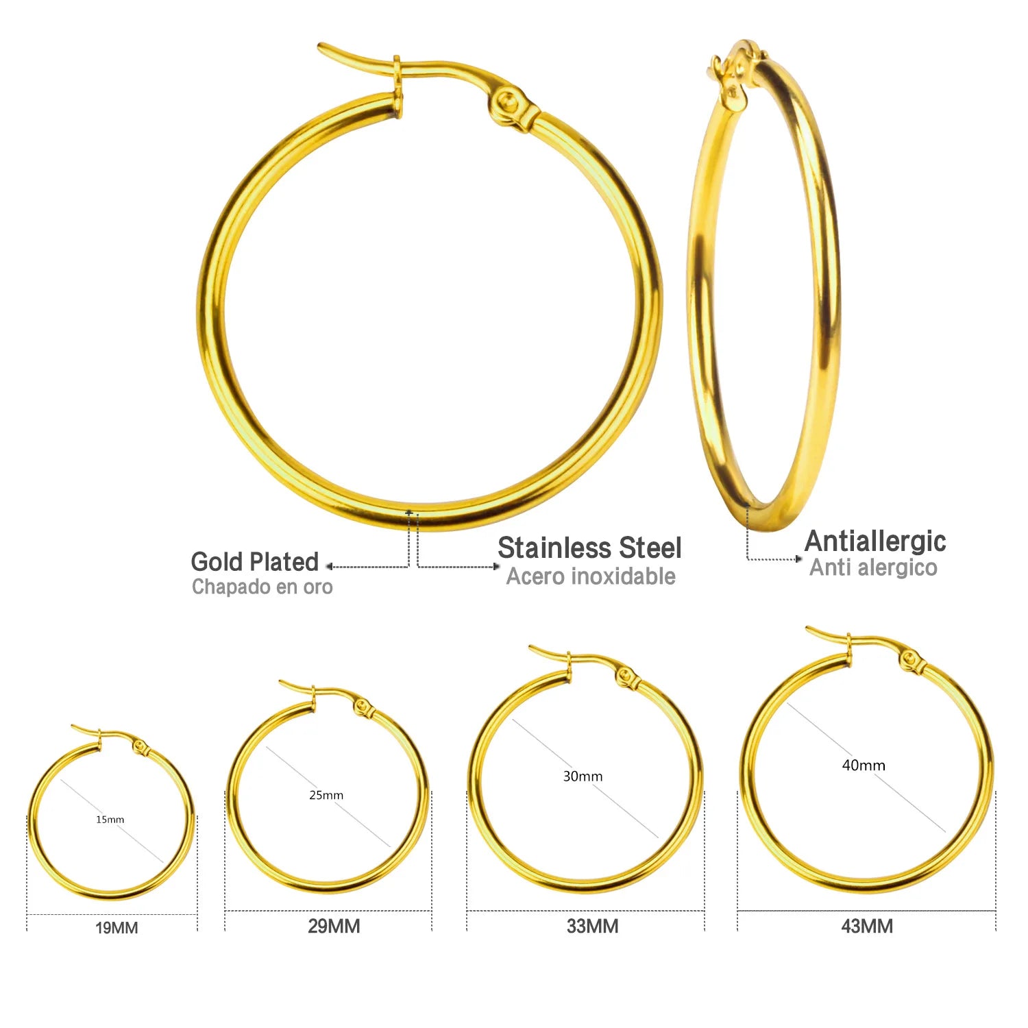 18K PVD Stainless Steel Hoop Earrings – Gold, Silver & Rose Gold