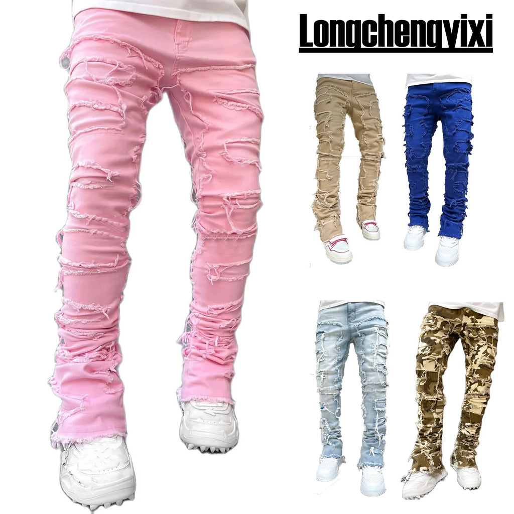 Unisex Stacked Ripped Distressed Slim Jeans