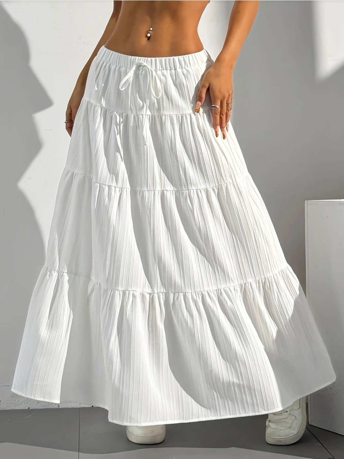 Tie-Strap Pleated Flared Maxi Skirt