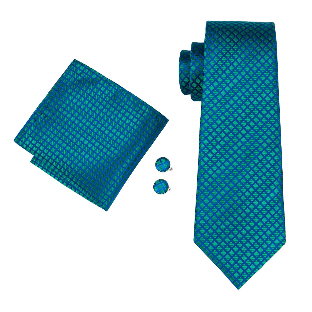 Plaid Jacquard Necktie, Pocket Square & Cufflinks Set – Blue & Green