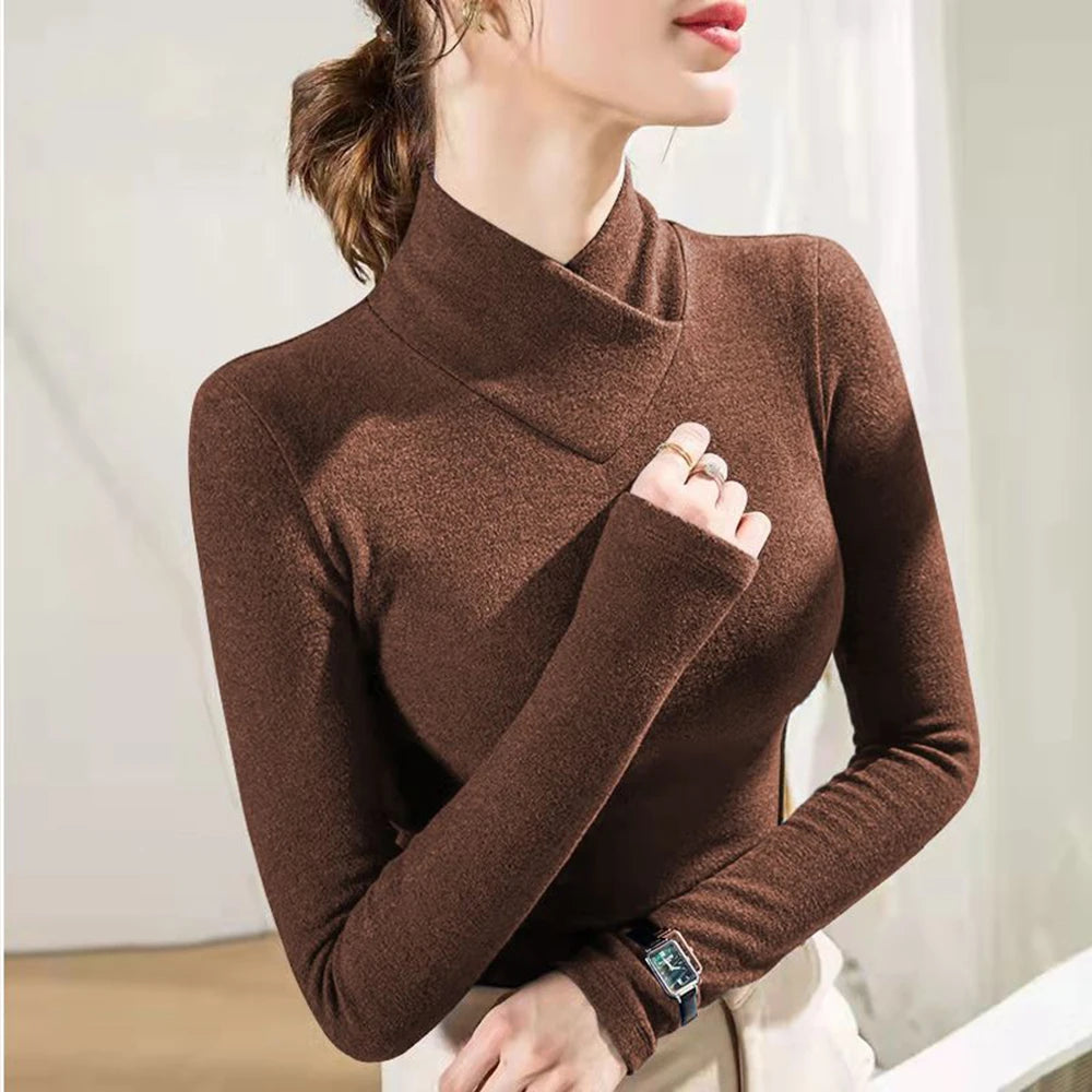 Crossover High Collar Long Sleeve Knit Top – 7 Colors