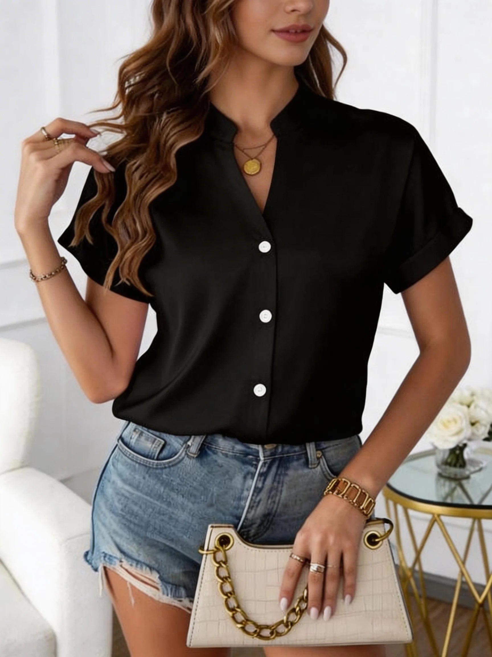 Women's V-Neck Blouse - Short Sleeve Loose Fit (S-XXL)