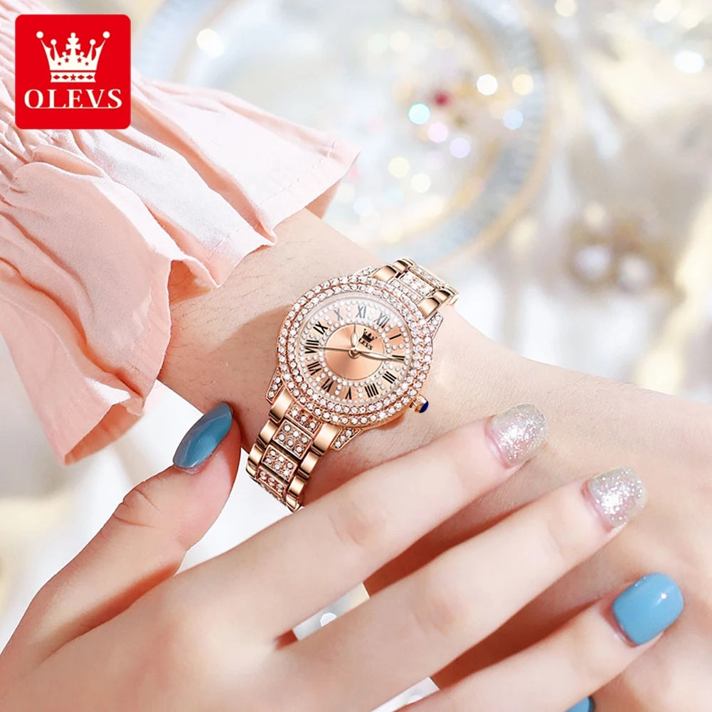 Reloj de cuarzo OLEVS 9943 de diamante para mujer | Esfera de números romanos | Luminoso | Brazalete de acero inoxidable