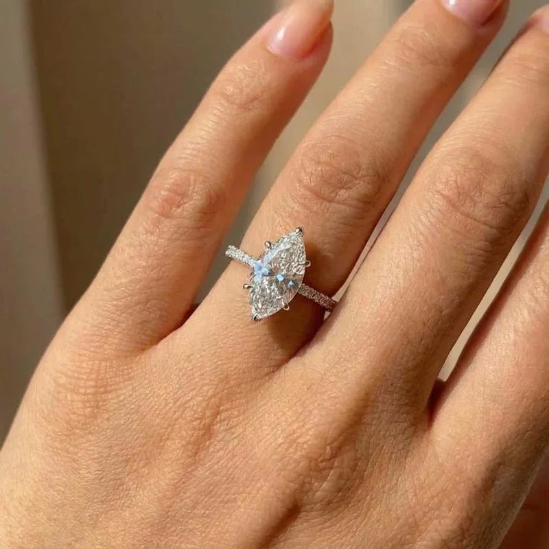 Anillo de circonita marquesa de plata de ley 925 | Joyería fina clásica | Regalo de compromiso y boda para mujer