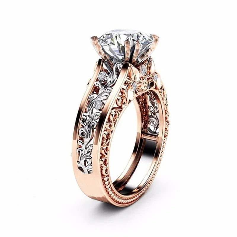 Hollow Carved Zirconia Couple Ring | Rose Gold & Silver | Bridal Engagement & Wedding Jewelry