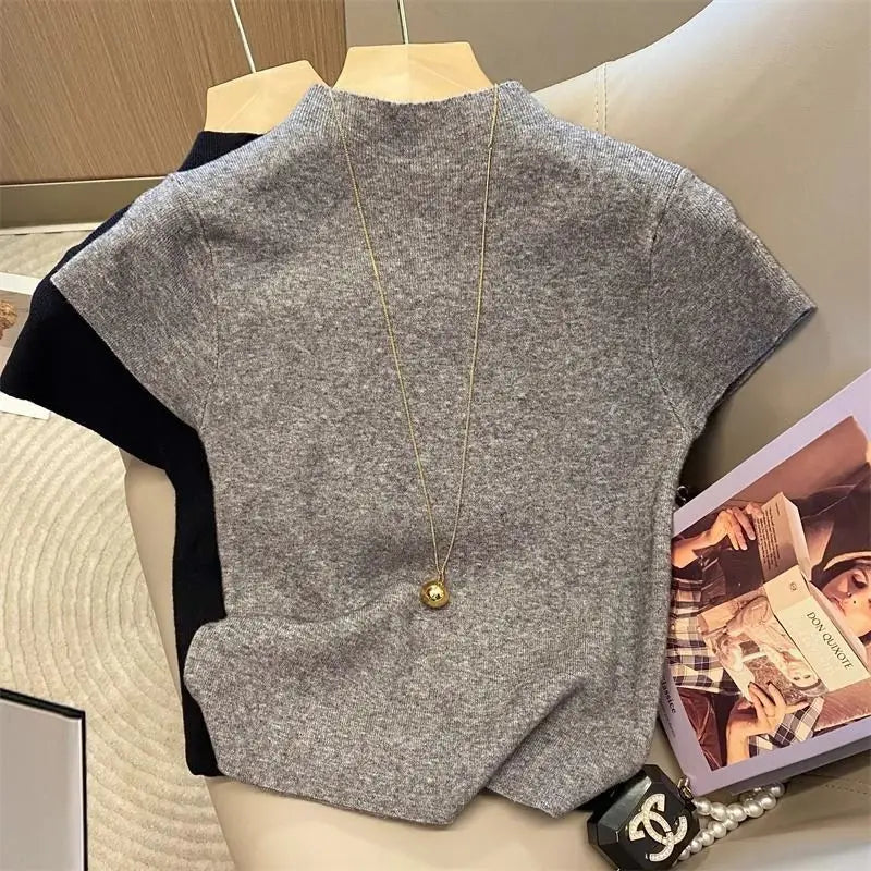 Suéter de punto ajustado de cuello alto básico para mujer | Camiseta ajustada de manga corta Talla única