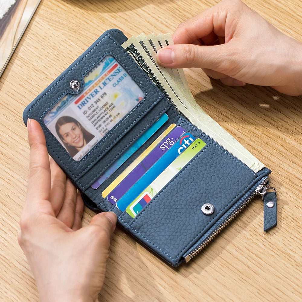 Genuine Cow Leather Short Wallet — RFID Blocking Card Holder & Coin Purse