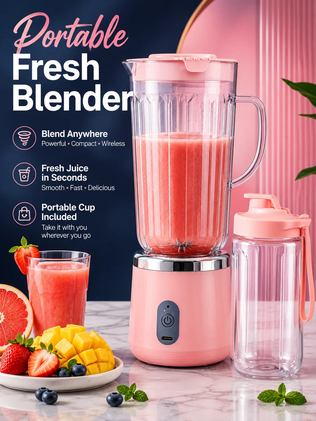 Compact 20cm Mini Portable Blender 800ml Large Capacity USB Charging 304 Steel Blade Smoothie Juicer Cup Easy To Clean