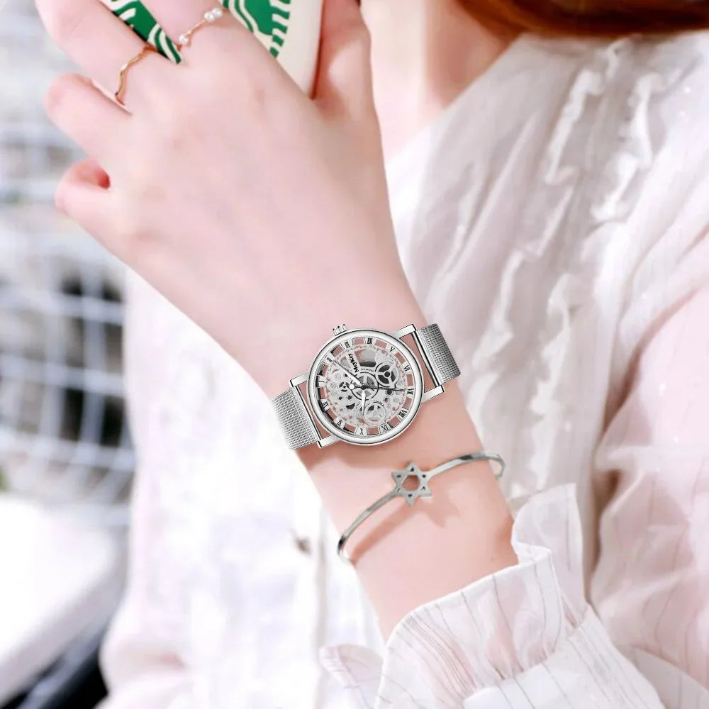 Moda Top Mujeres Reloj de Pulsera de Cuarzo de Malla Metálica para Dama con Diseño de Esqueleto Hueco y Reloj Mecánico Falso para Mujer Relogio Feminino