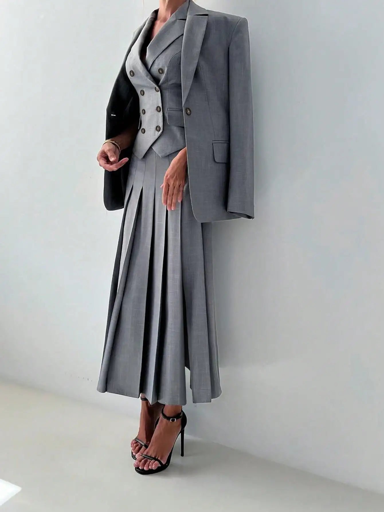 Women's 3-Piece Elegant Business Suit Set – Blazer, Vest & Pleated Midi Skirt