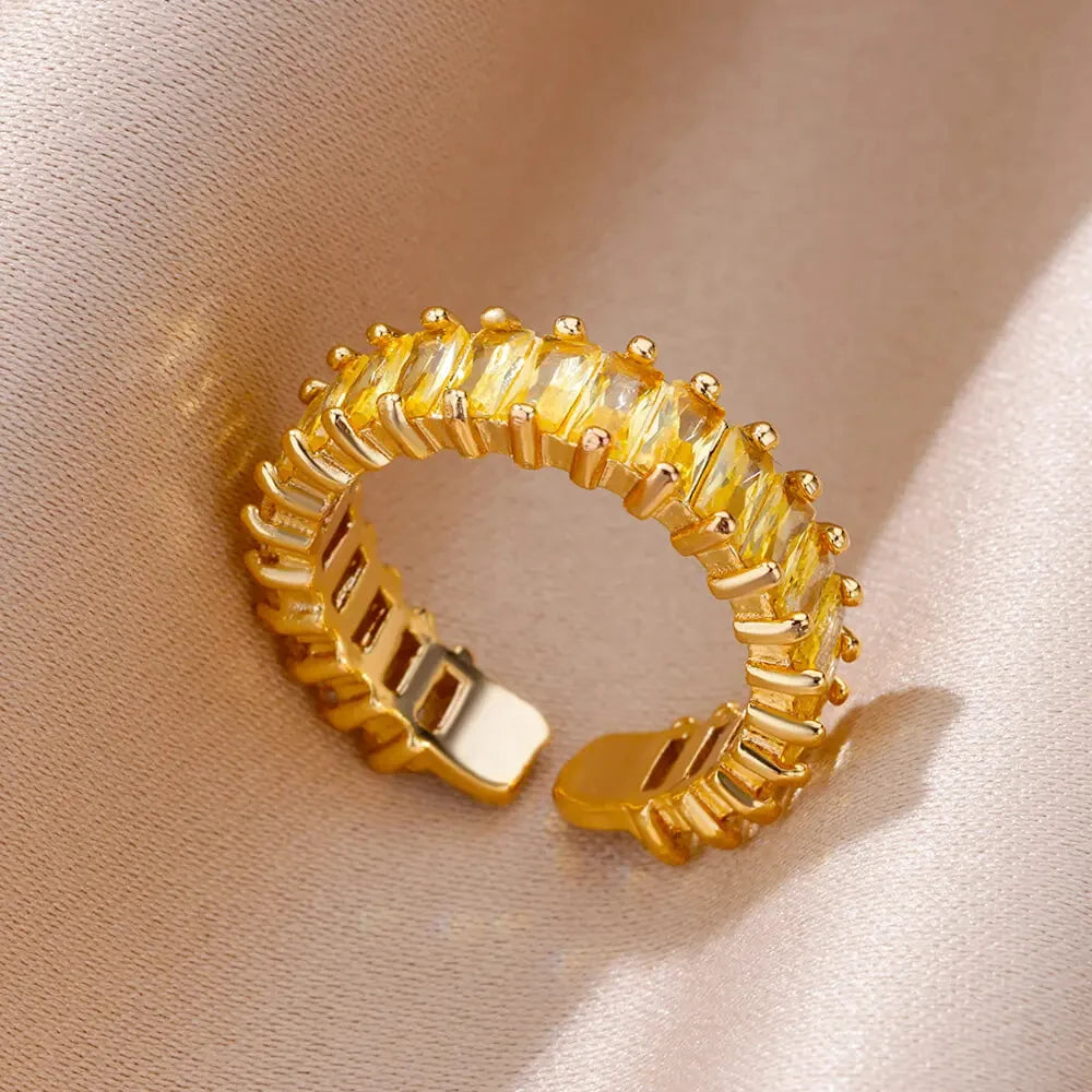 Colorful Cubic Zirconia Open Ring | 18K Gold Plated Stainless Steel | Boho Vintage Style | Women's Gift