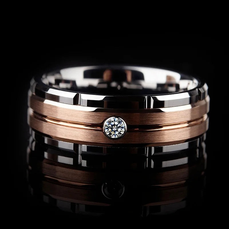 Anillo de pareja de circonita tallada hueca | Oro Rosa y Plata | Joyería nupcial de compromiso y boda