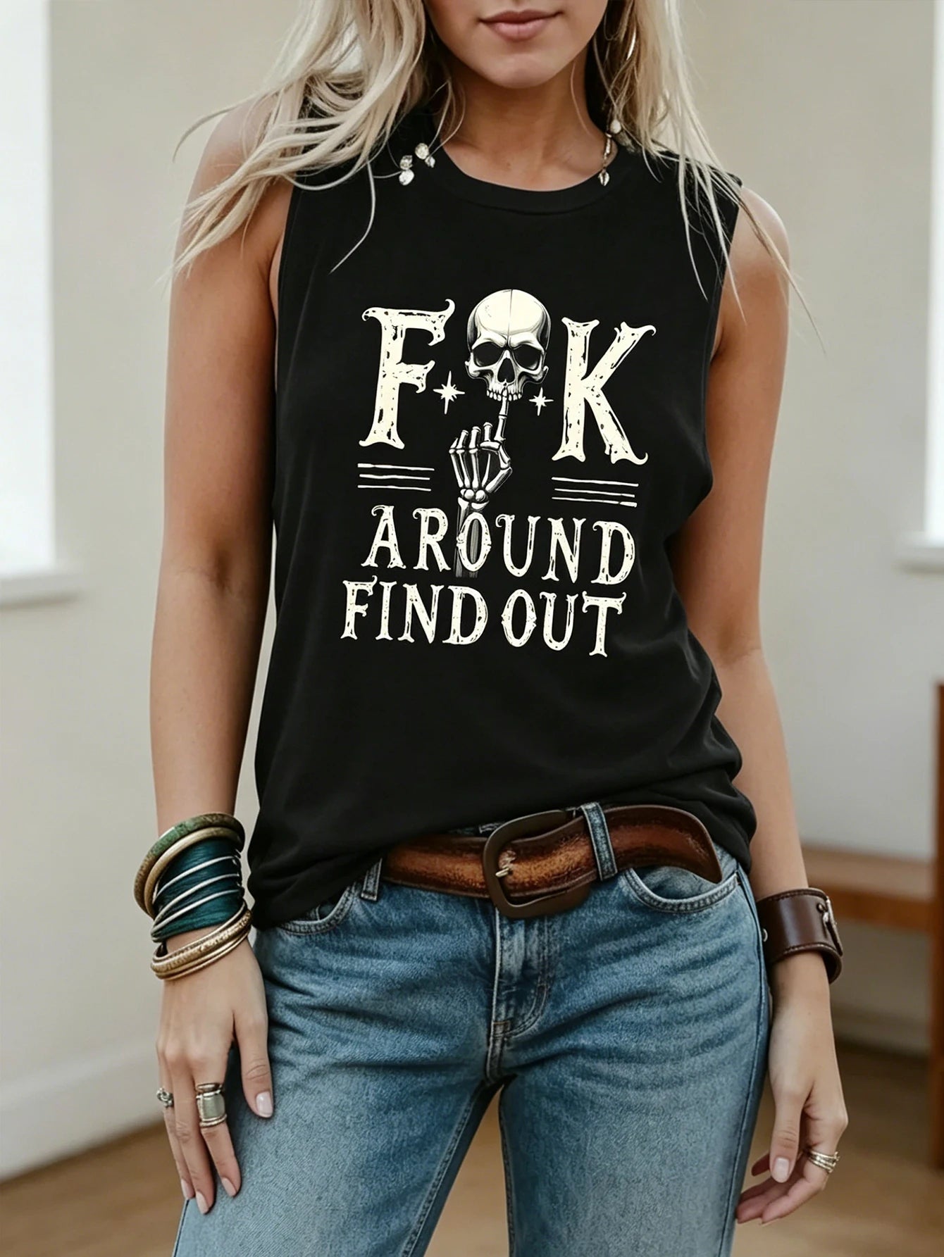 Top sin mangas con estampado retro de calle oscura europea casual y moderno para mujer