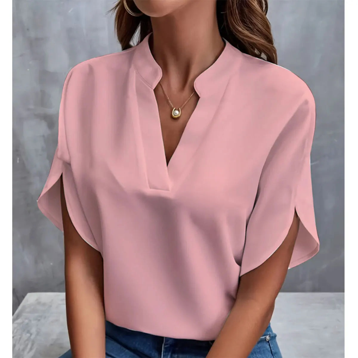 Women's V-Neck Blouse - Short Sleeve Loose Fit (S-XXL)