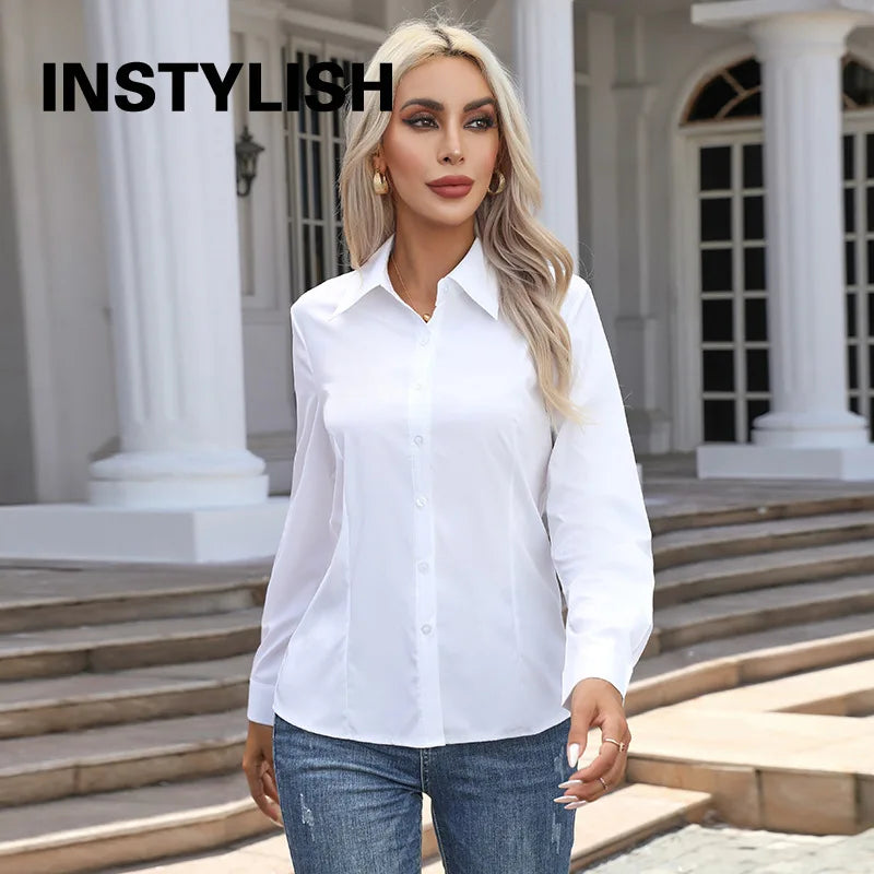 Women's Button Chiffon Blouse - Turn-Down Collar (S-XXXL)