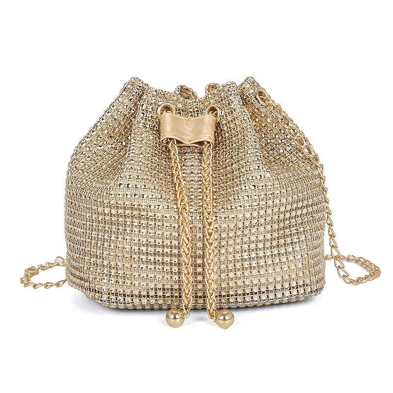 Sparkling Rhinestone Drawstring Bucket Purse — Crossbody Bag for Women