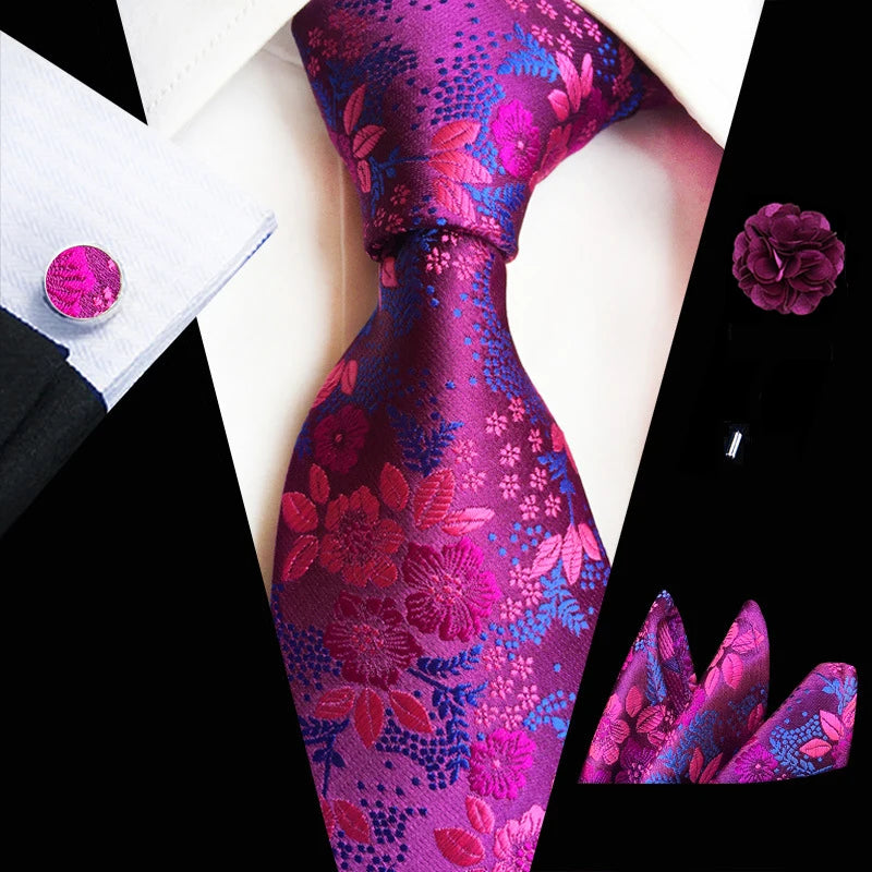 Floral Silk Necktie, Pocket Square & Cufflinks Set – Multiple Colors