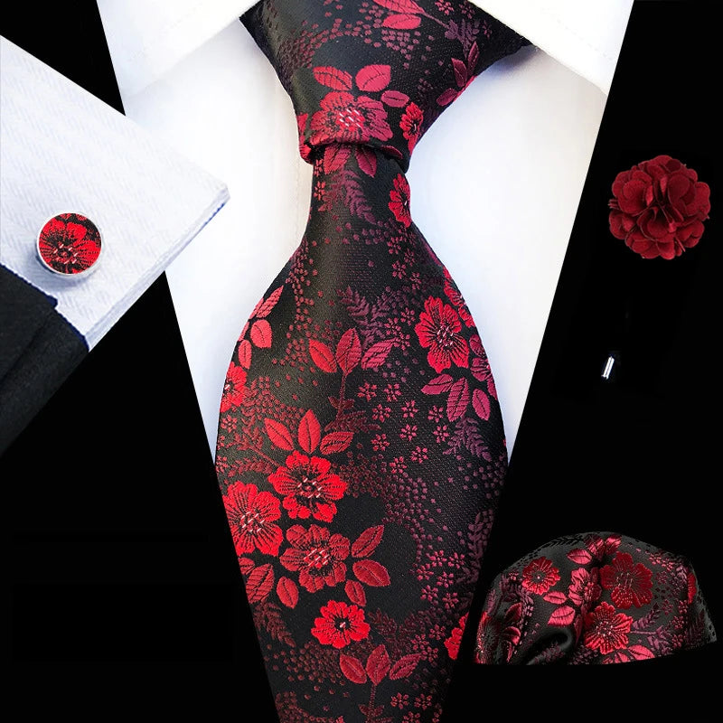 Floral Silk Necktie, Pocket Square & Cufflinks Set – Multiple Colors