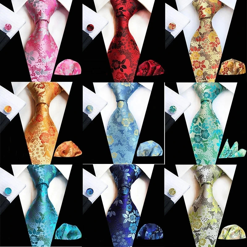 Floral Silk Necktie, Pocket Square & Cufflinks Set – Multiple Colors