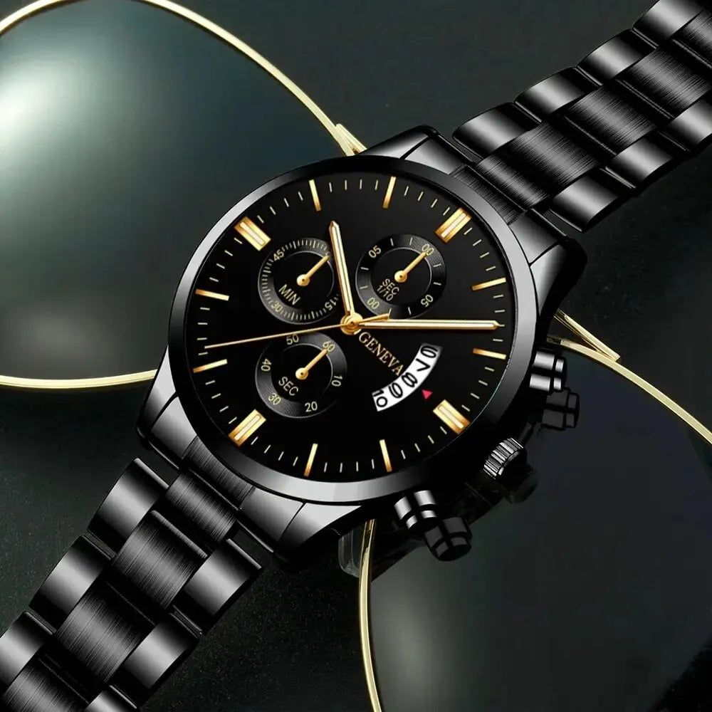 Men's Quartz Watch & Bracelet Gift Set – Calendar Chronograph-Style Dial