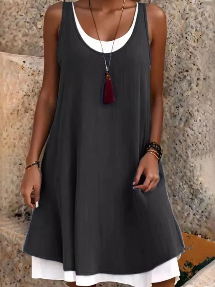 Women's Sleeveless Fake Two-Piece Loose A-Line Dress