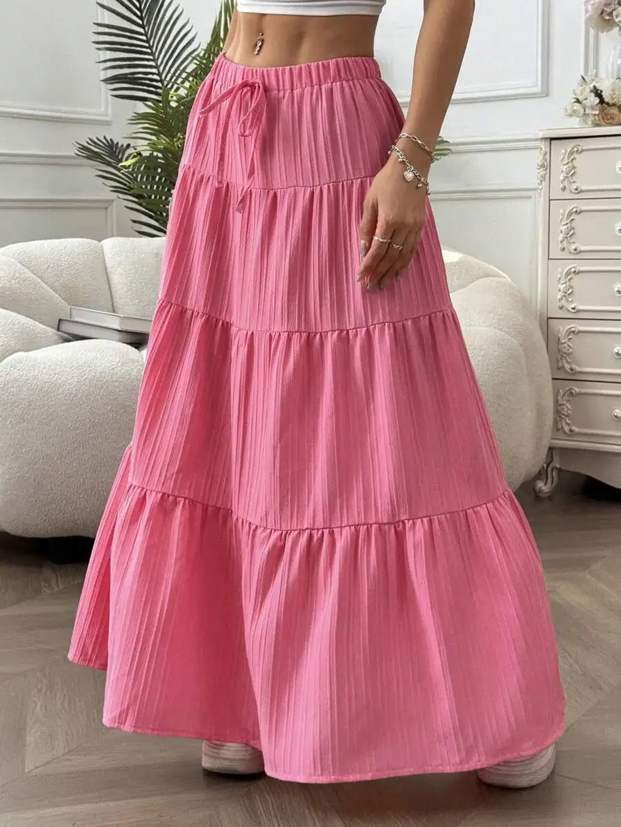 Tie-Strap Pleated Flared Maxi Skirt