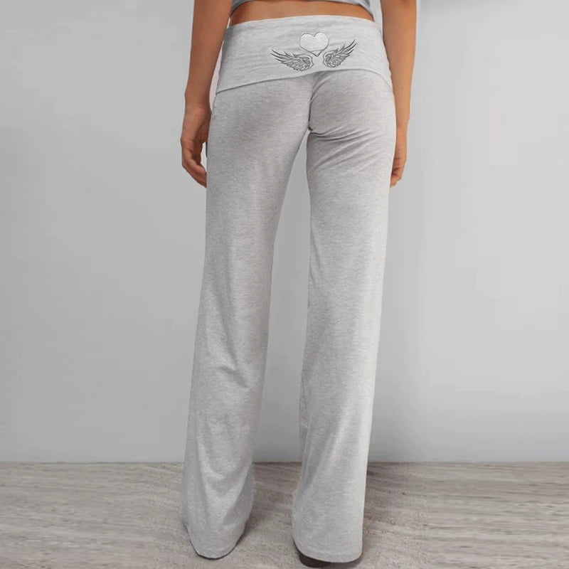 Pantalones de yoga elásticos con bordado para mujer, cintura plegable, acampanados, leggings, pantalones de campana, pantalones de descanso para adolescentes.