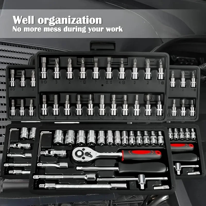46-Piece CR-V Steel Socket Set – Ratchet Wrench, Extension Bar & Storage Bag for Auto & Home Repair