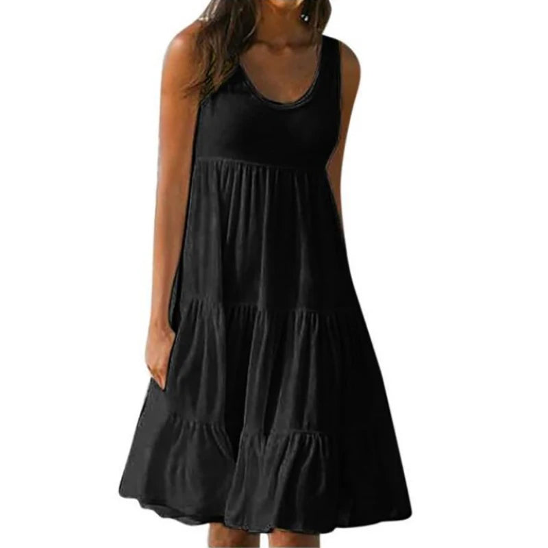Minivestido informal sólido para mujer Verano 2024 Elegante sin mangas con volantes Vestido corto suelto para fiesta en la playa Vestido playero extragrande estilo urbano