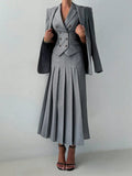Women's 3-Piece Elegant Business Suit Set – Blazer, Vest & Pleated Midi Skirt
