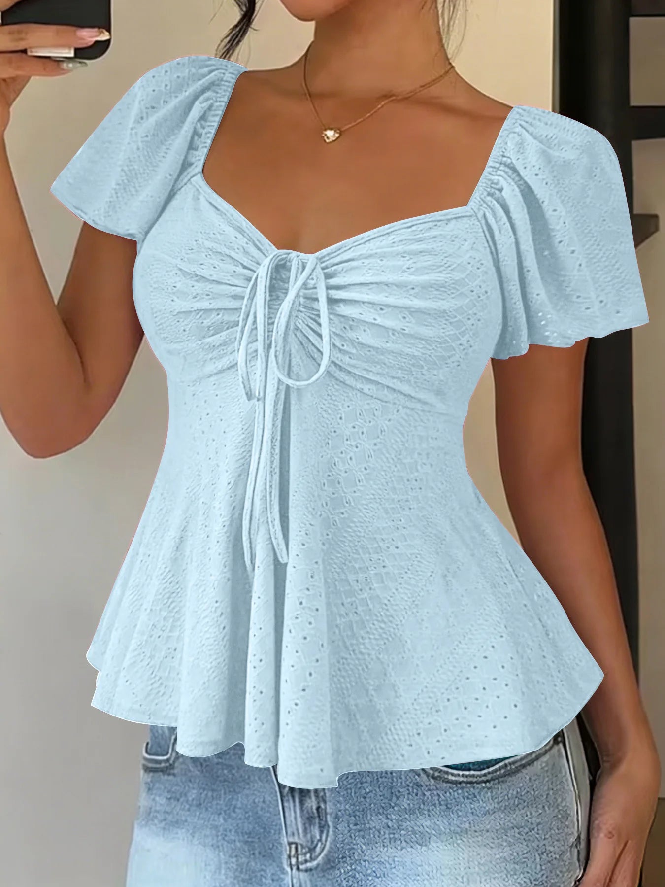Women's Y2K Drawstring Blouse - V-Neck Butterfly Sleeve (S-XXL)