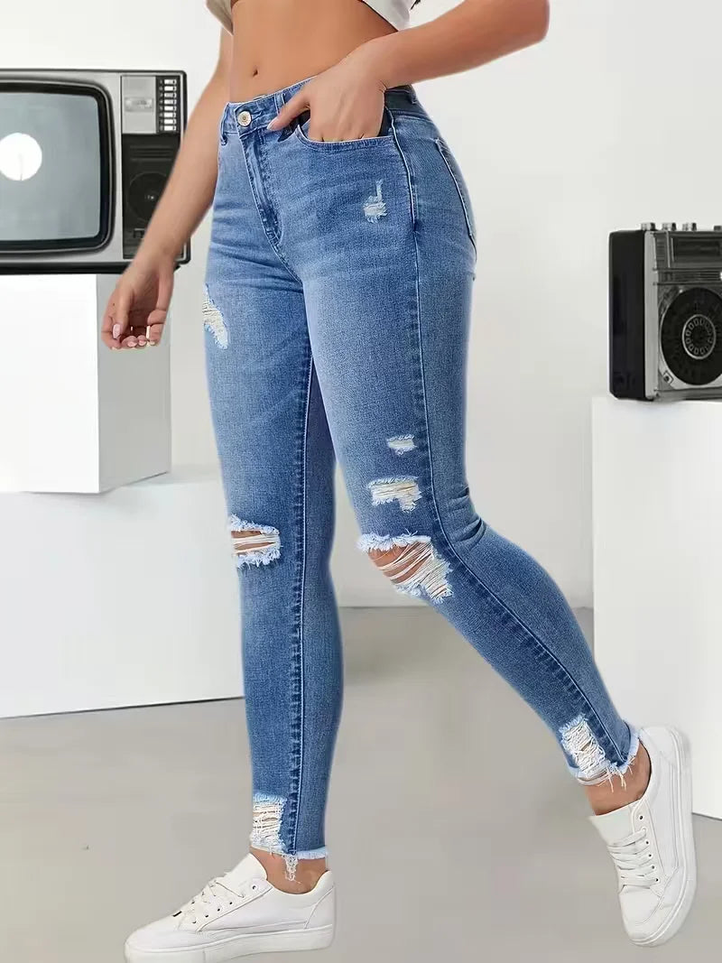 High-Waist Ripped Stretch Skinny Jeans