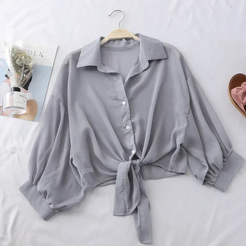 Women's Tied Waist Blouse - Bat Sleeve Button Front (S-XXL)