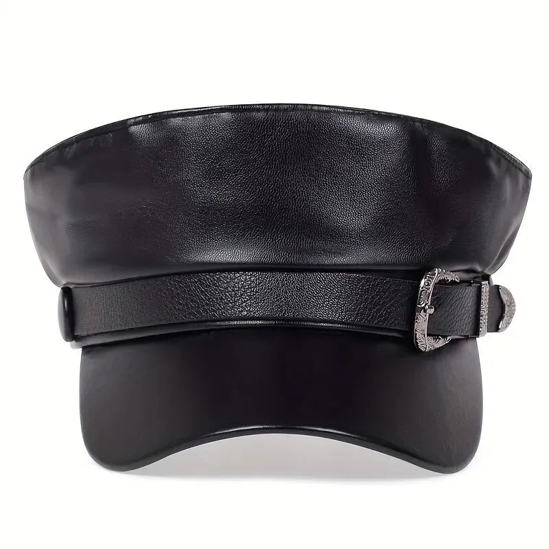 Moda Mujer Hebilla de cinturón grande Sombrero de cuero Primavera Otoño Sombreros de marinero Gorras de boina negras para mujer Gorras militares de capitán con parte superior plana para hombre
