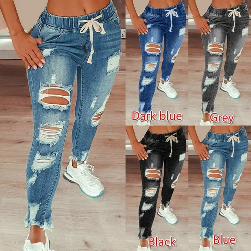 High-Waist Ripped Drawstring Pencil Jeans – 4 Colors