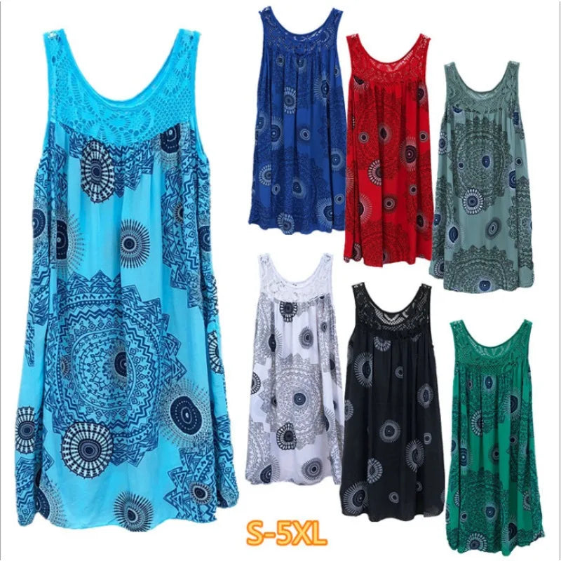Women's Plus Size Boho Print Swing Dress – Lace Crochet Neck Sleeveless Camisole